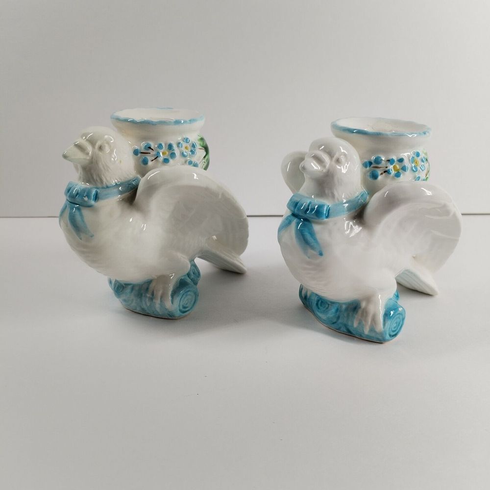 Vintage 1988 The Haldon Pair Dove Bird‎ Candle Holders White Blue Ribbon 4"